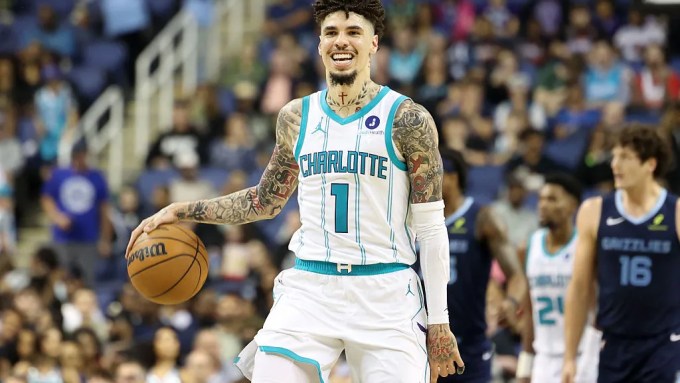 Charlotte Hornets basketball player LaMelo Bell at a game at Spectrum Center in Uptown Charlotte