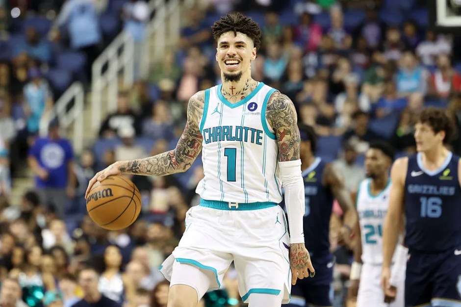 Charlotte Hornets basketball player LaMelo Bell at a game at Spectrum Center in Uptown Charlotte