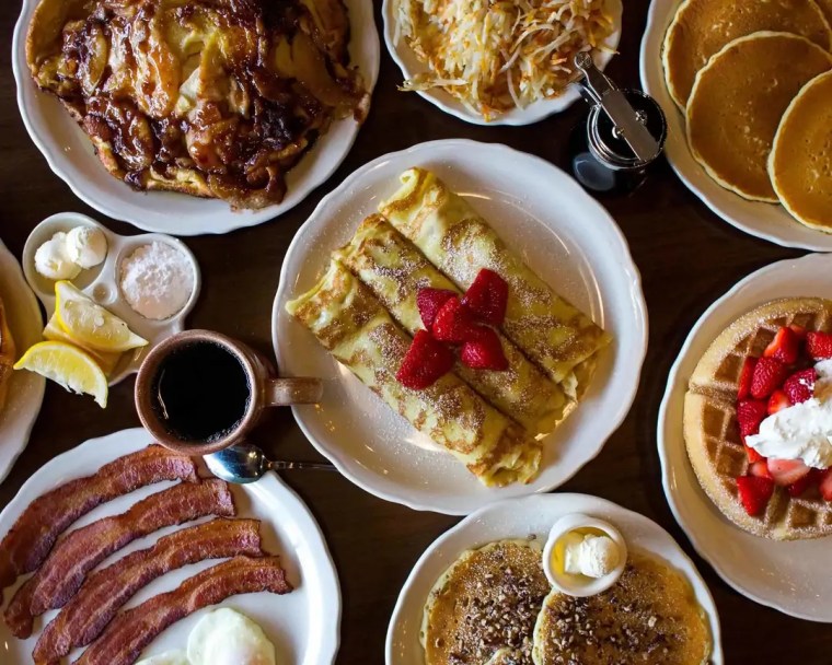 Assorted breakfast menu items at the Original Pancake House in Charlotte, North Carolina