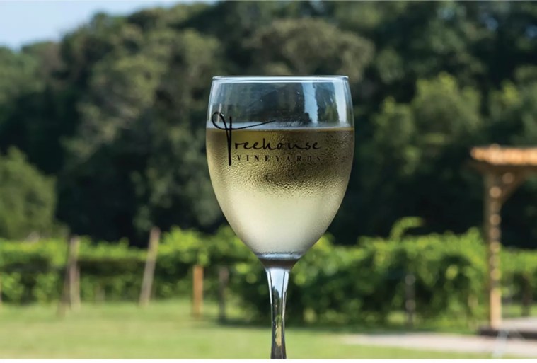 Treehouse Vineyards wine glass with white wine against greenery