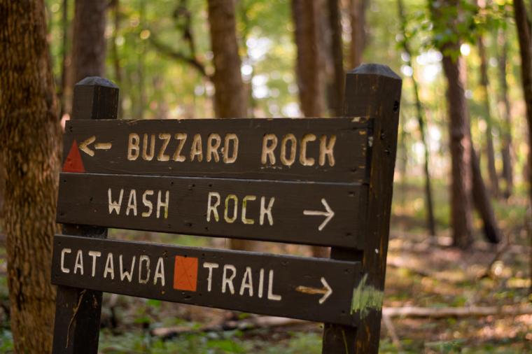 Post sign in the woods at Latta Nature Preserve in Huntersville, NC
