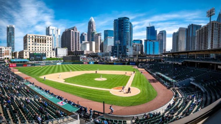 Truist Field baseball field with the Charlotte city skyline in the backdrop home of the Charlotte Knights in Uptown Charlotte, NC