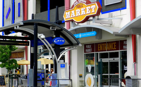 Exterior colorful signs at The Market at 7th Street in Uptown Charlotte, NC
